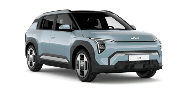 Kia EV3 in Frost Blue, front three-quarter view
