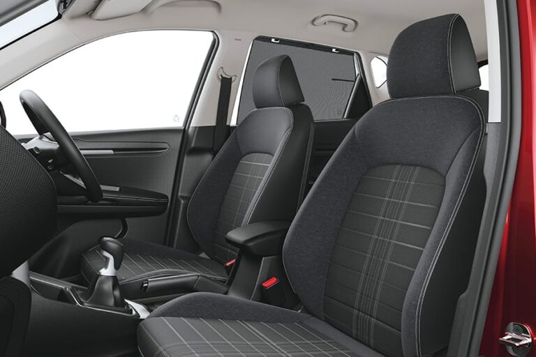 Kia Sonet front seats with dark fabric upholstery