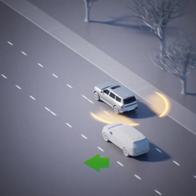 Kia driver assistance illustration showing blind-spot detection zones around a generic vehicle